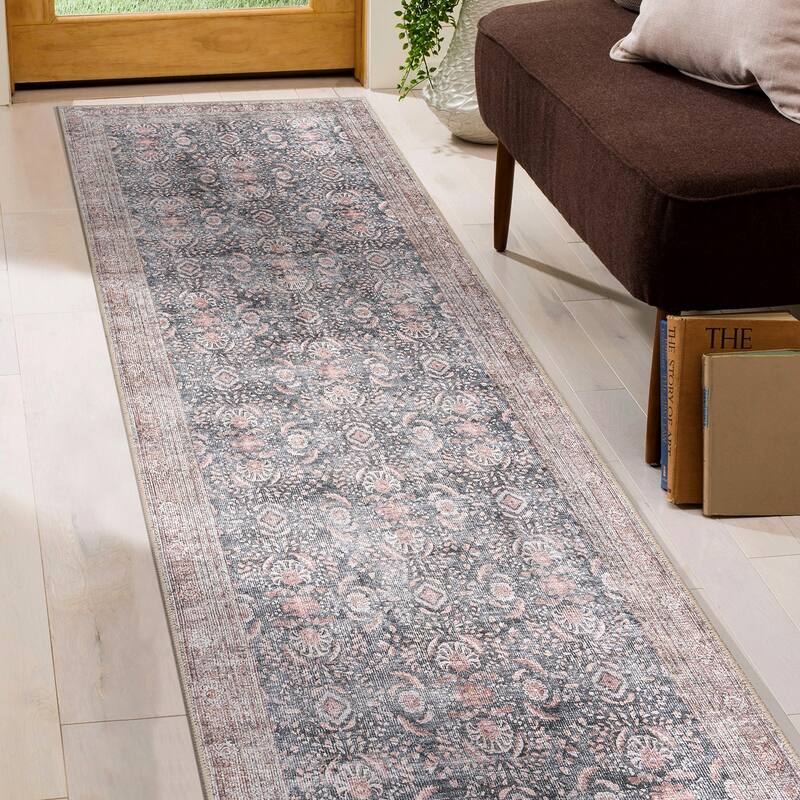 World Rug Gallery Vintage Inspired Machine Washable Non Slip Area Rug - 2' 6" x 7' - Charcoal - Runner