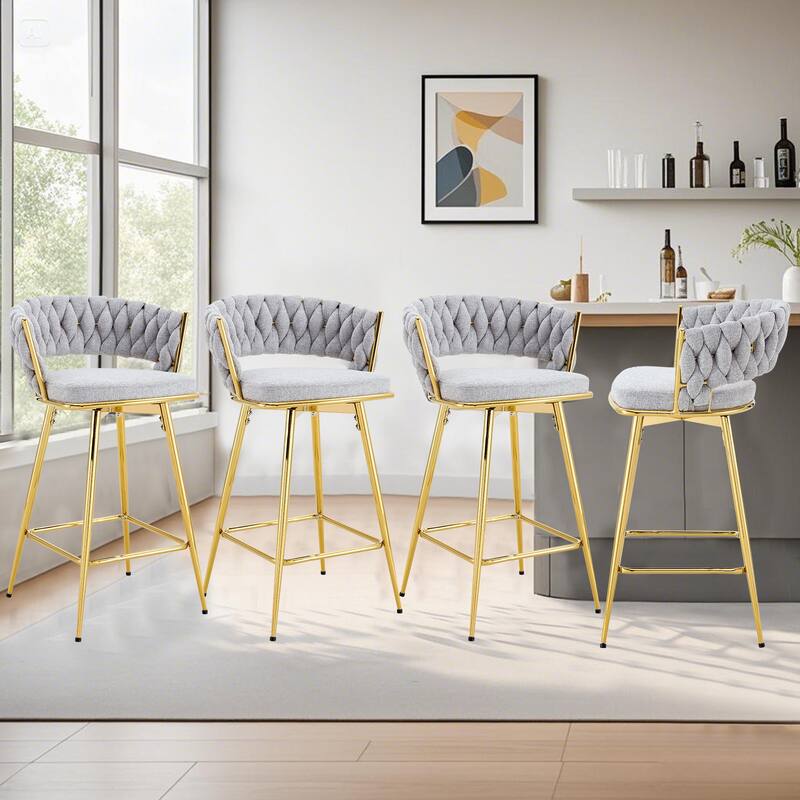 A Set Of Four Rotating Bar Stools With Breathable Cotton And Linen Cushions - Light Grey