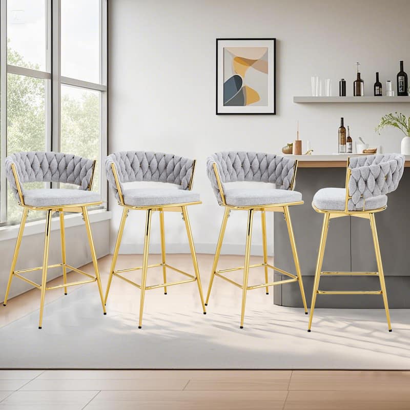 Set of 4 Swivel Bar Stools with Linen Cushions, Beige Seats & Golden Metal Legs for Kitchen Island