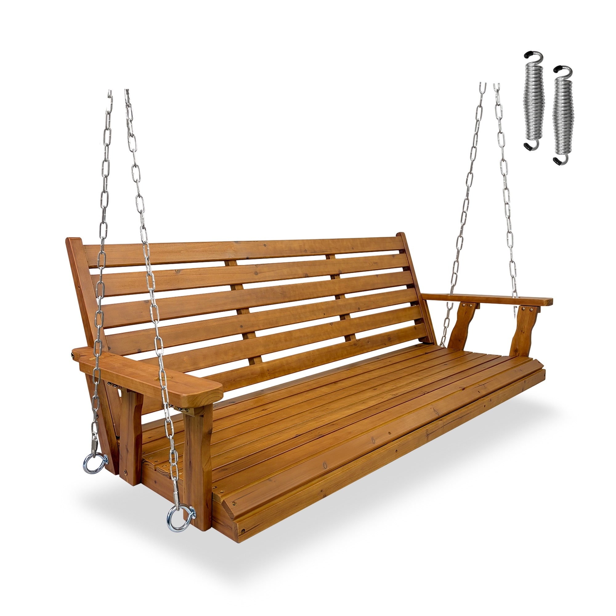 Fortune Candy Wooden Porch Swing with Hanging Chains and 7mm Springs for Outdoor Patio Garden Yard