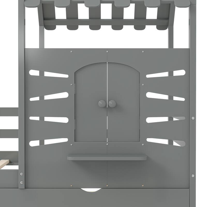 Twin Size House Bed with Guardrails, Storage Drawers, Roof, and Window Design