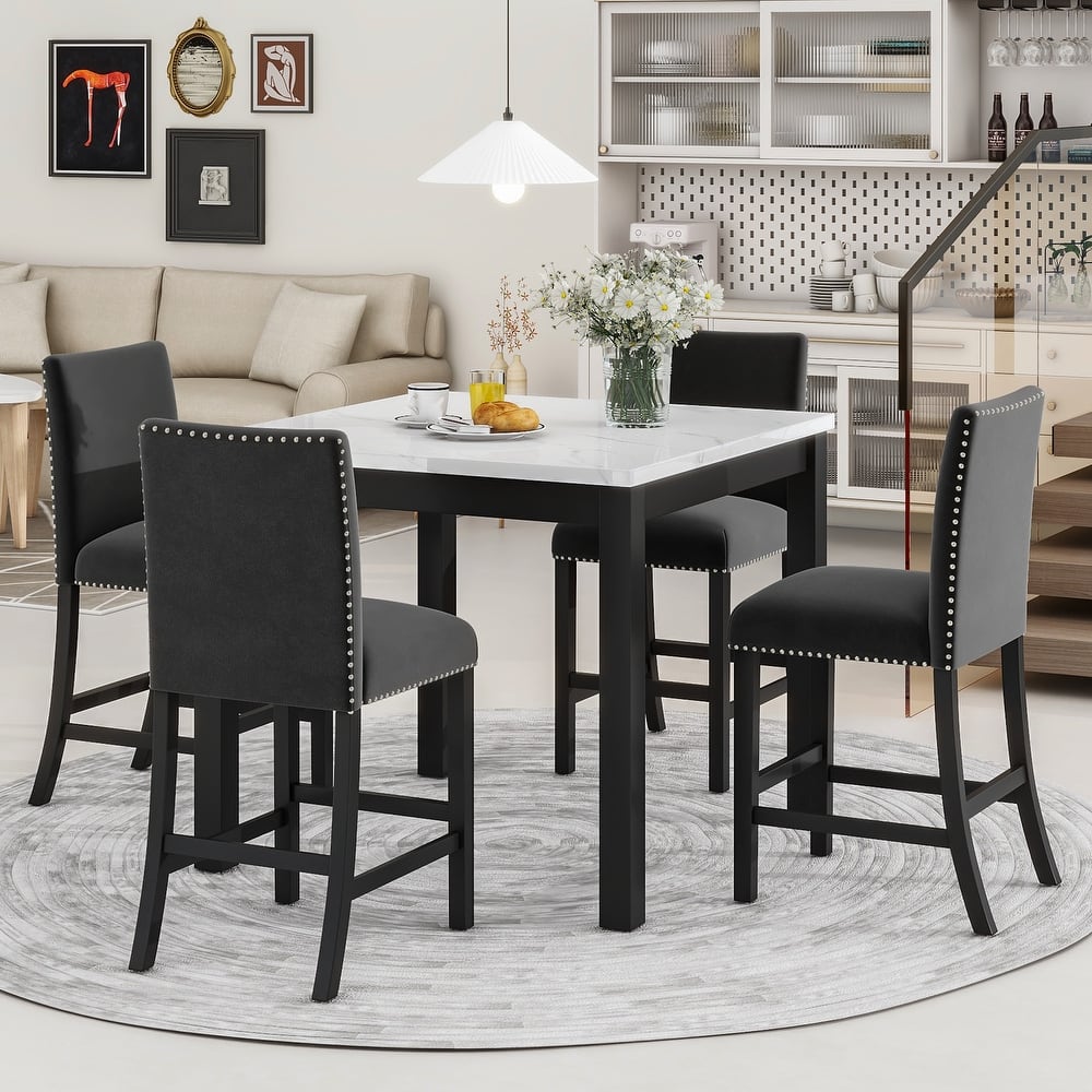 5-Piece Counter Height Dining Table Set, Faux Marble Top Square Table with 4 Velvet Chairs, Kitchen Dining Table Set for 4