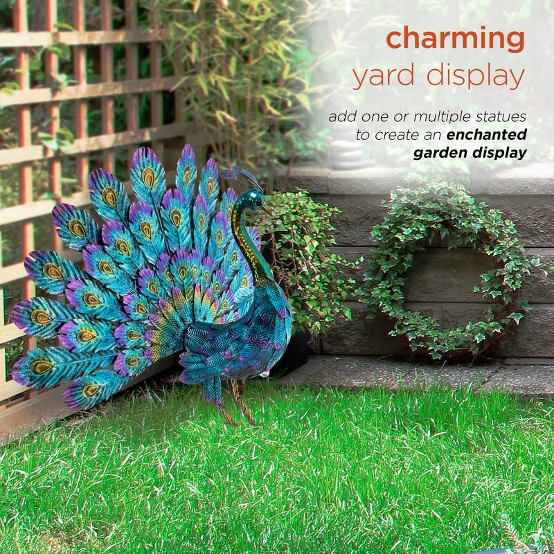 Alpine Corporation 23" Tall Outdoor Metallic Peacock Tail Spread Yard Statue Decoration, Multicolor