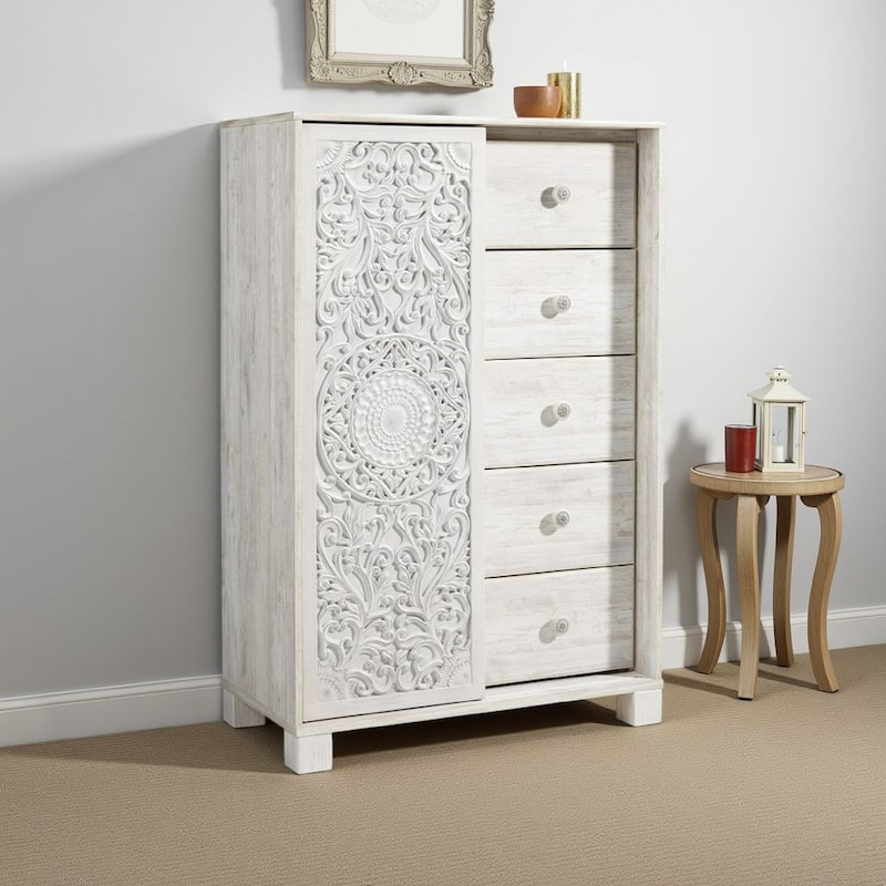 Paxy Tall Dresser Chest, 5 Drawers, Carved Sliding Door, Whitewash