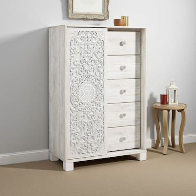 Paxy Tall Dresser Chest, 5 Drawers, Carved Sliding Door, Whitewash