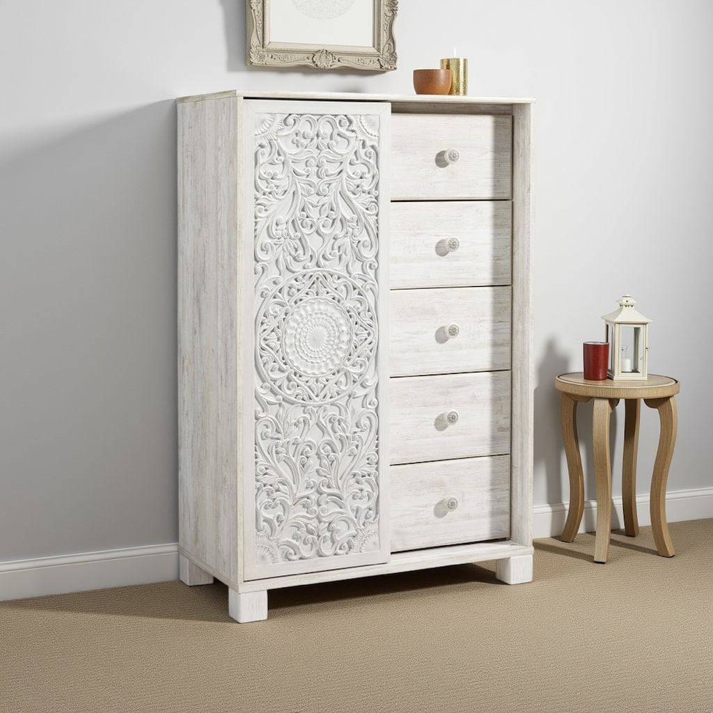 Paxy Tall Dresser Chest, 5 Drawers, Carved Sliding Door, Whitewash