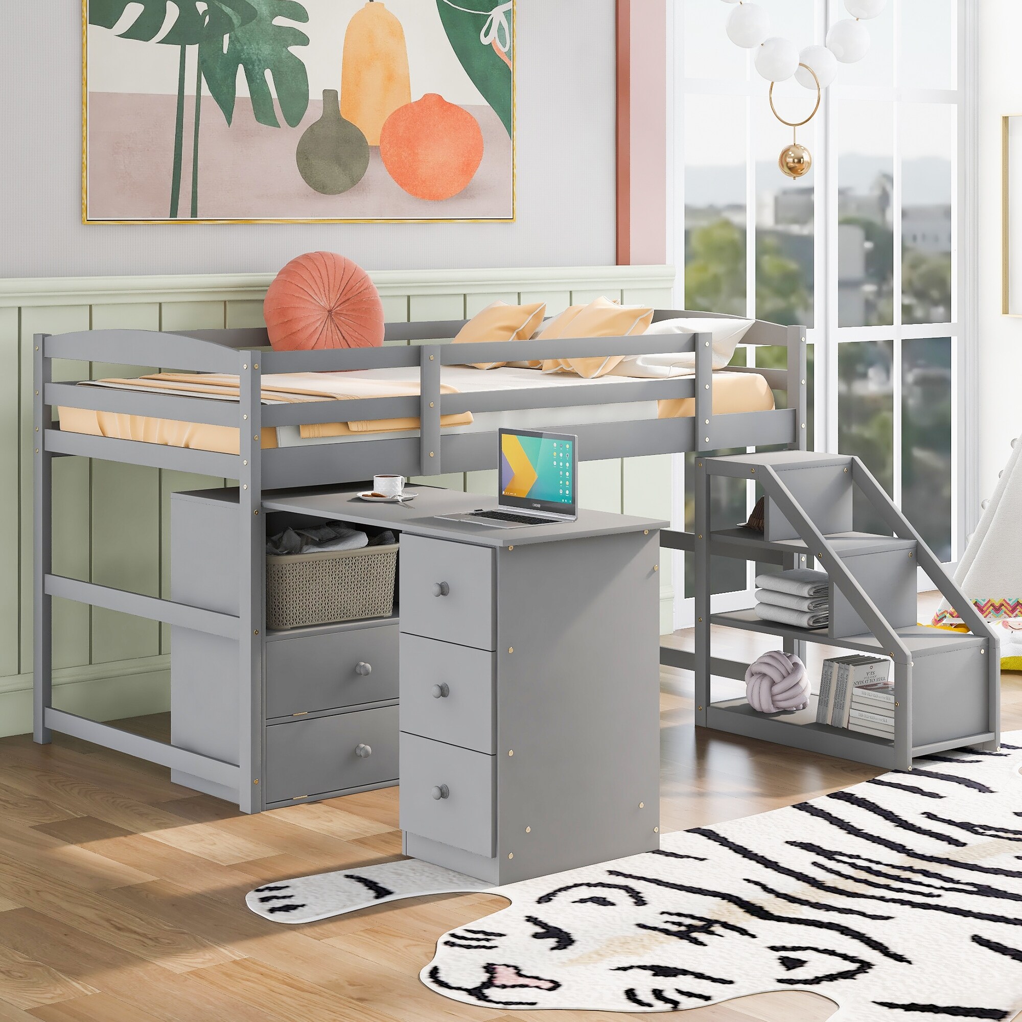 Twin Size Loft Bed with Multifunctional Movable Built in Desk and and Staircase Gray