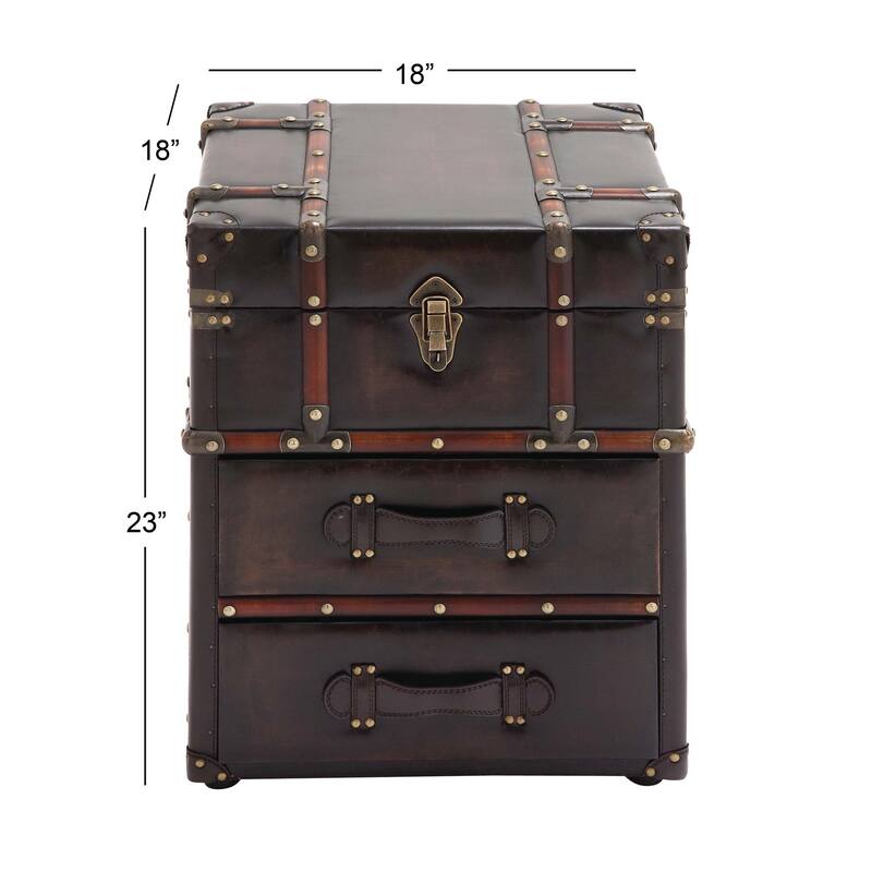 Dark Brown Faux Leather Vintage Faux Leather 2 Drawer Cabinet with Buckle Hinged Top