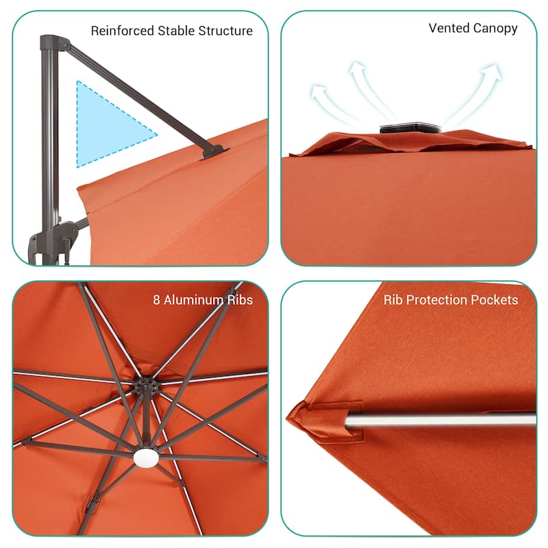 LIVOOSUN 11.5x9FT LED Cantilever Patio Umbrella Solution-Dyed Fabric w/Base