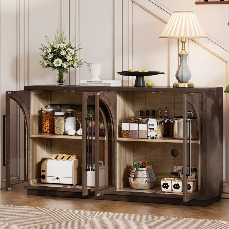 4-Door Sideboard Buffet Cabinet with Glass Doors, Arched Cabinet with Adjustable Shelves for Kitchen, Dining Room & Living Room