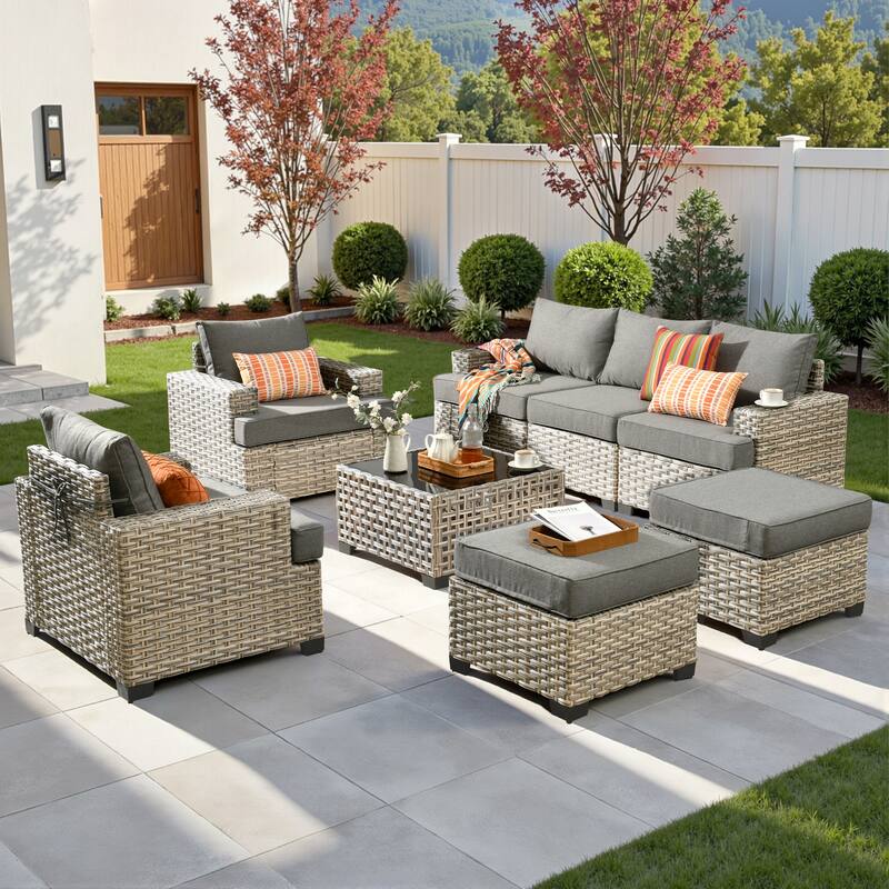 OVIOS 8 Pieces T shaped Seat Wide Armrest Set With Solar-Powered Coffee Table - Grey