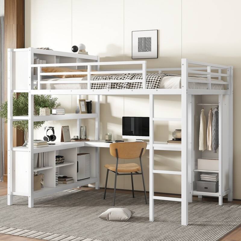 Queen Size Heavy Duty Metal Loft Bed with Wardrobe & L-shaped Desk, Multi-functional Storage Bed Frame with Cubes & Shelves - White