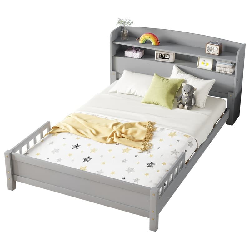 Full Pine Wood Platform Bed with Bookcase Headboard ,LED Motion Sensor Light, Guardrails