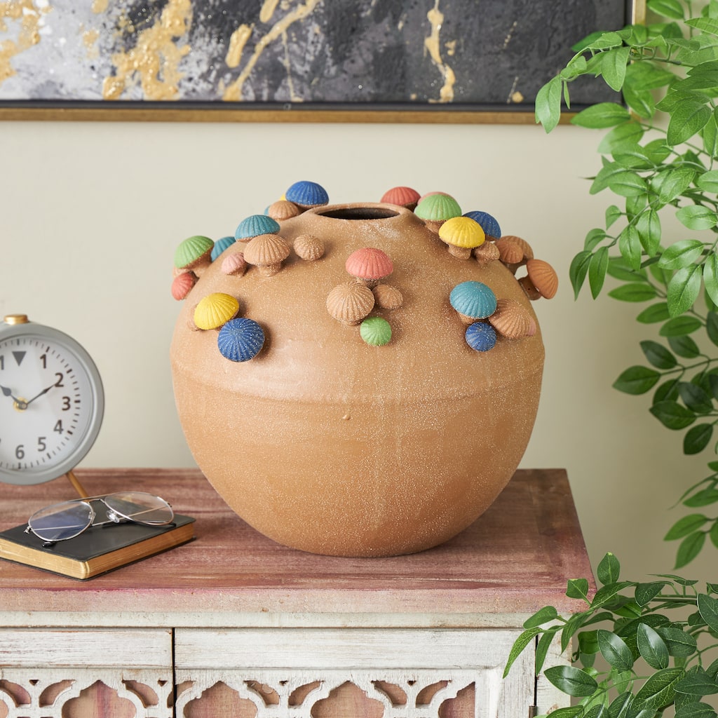 Brown Ceramic Round Wide Mushroom Decorative Vase with Multicolor Accents and White Speckles