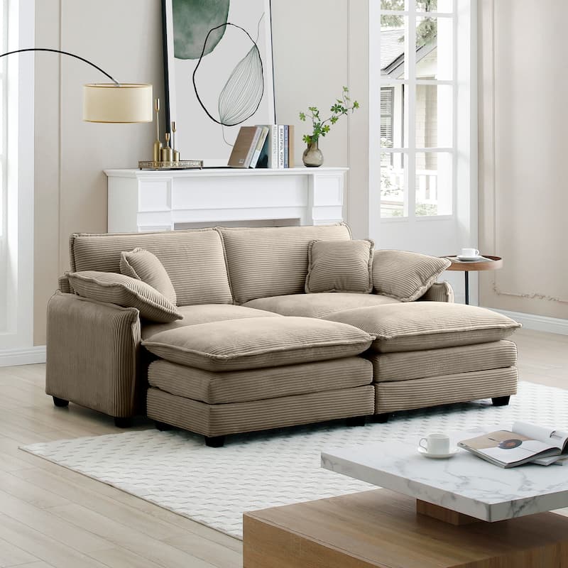 81" 2-Seater Sectional Sofa with 2 Ottoman Corduroy Upholstered Couch for Living Room, Apartment, Leisure Loveseat with Pillows