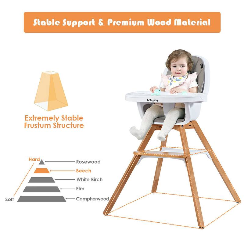 Costway 3-in-1 Convertible Wooden Baby High Chair w/ Tray Adjustable