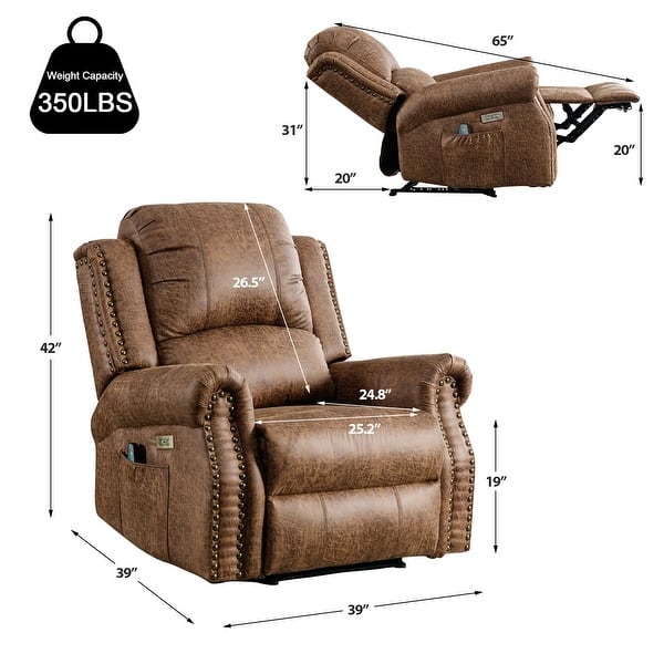 dimension image slide 1 of 3, Power Recliner Chair with Massage and Heat, Faux Leather Electric Recliner with USB Port for Living Room