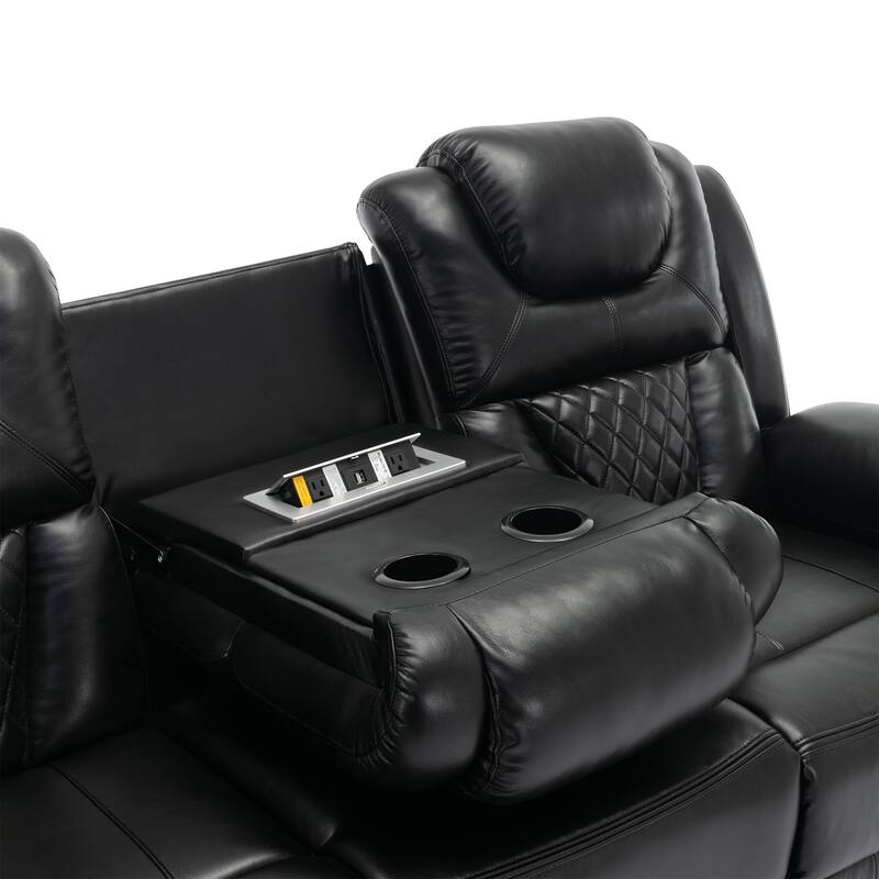 Home Theater Seating Manual Recliner Chair with Center Console and LED Light Strip for Living Room, Black