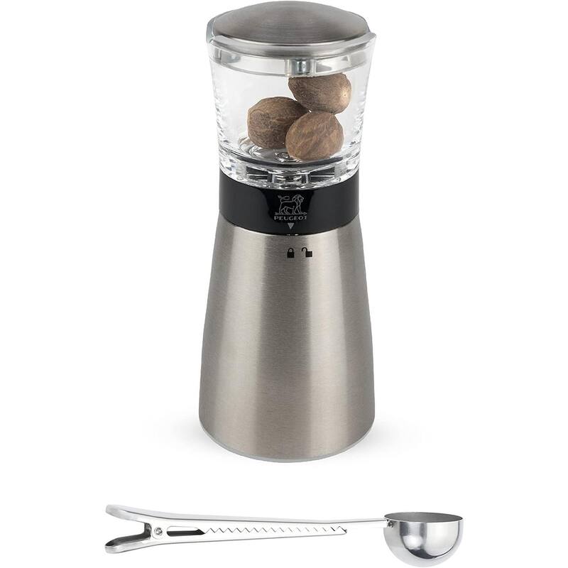 Peugeot - Madras Manual Nutmeg Mill - Spice Grinder - Stainless Steel Gift Set - With Stainless Steel Spice Scoop & Clip - Silver - 2 Piece