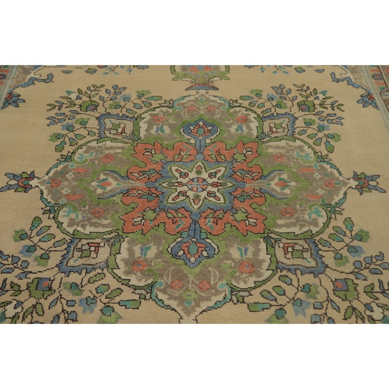 Hand Knotted Oriental 100% Wool Carpet Traditional Floral Beige & Ivories Tabriz Area Rug - 9' 11'' X 6' 7''