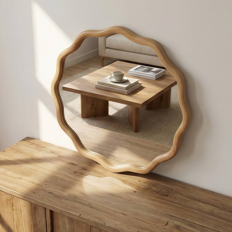 24 inch Wavy Round Solid Wood Frame Decorative Mirror,For Bedroom, Bathroom, Living Room, Entryway