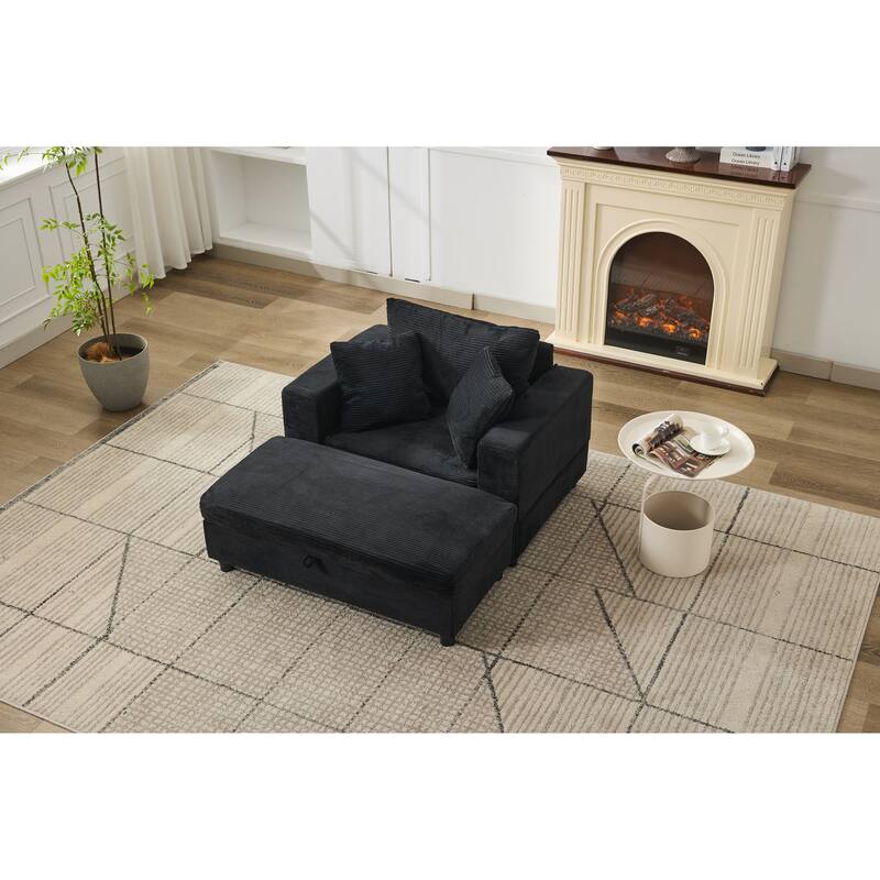 Chaise Lounge Chair with Removable Ottoman, Modern Accent Armchair Corduroy Sleeper Sofa Chair with Pillows for Living Room
