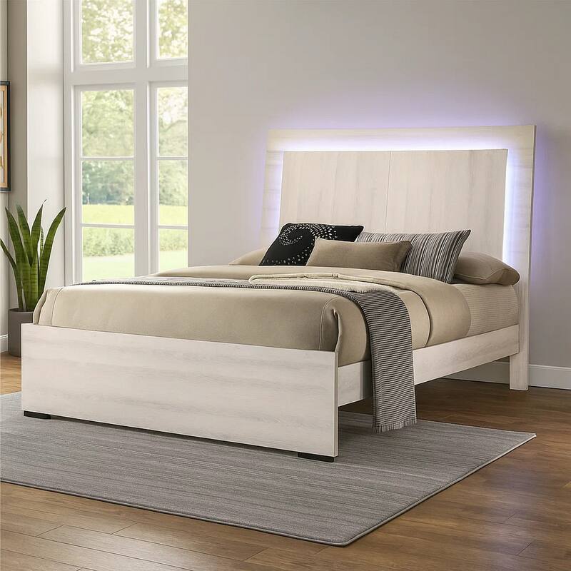 Hyao Queen Size Bed w LED on Headboard, Antique White Wash Finsih