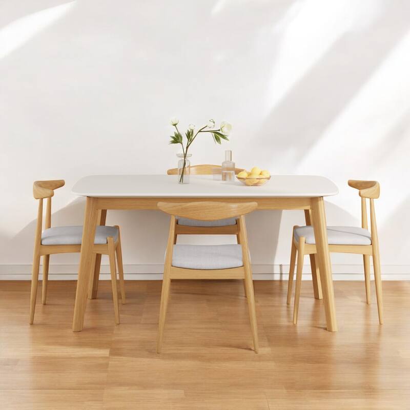 5-Piece Mid-Century Modern Dining Set with Solid Rubberwood Frame Table & Upholstered Chairs for Dining Room and Kitchen