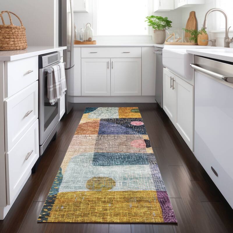 Machine Washable Indoor/ Outdoor Contemporary Geo Chantille Rug - Green - 2'3" x 7'6"