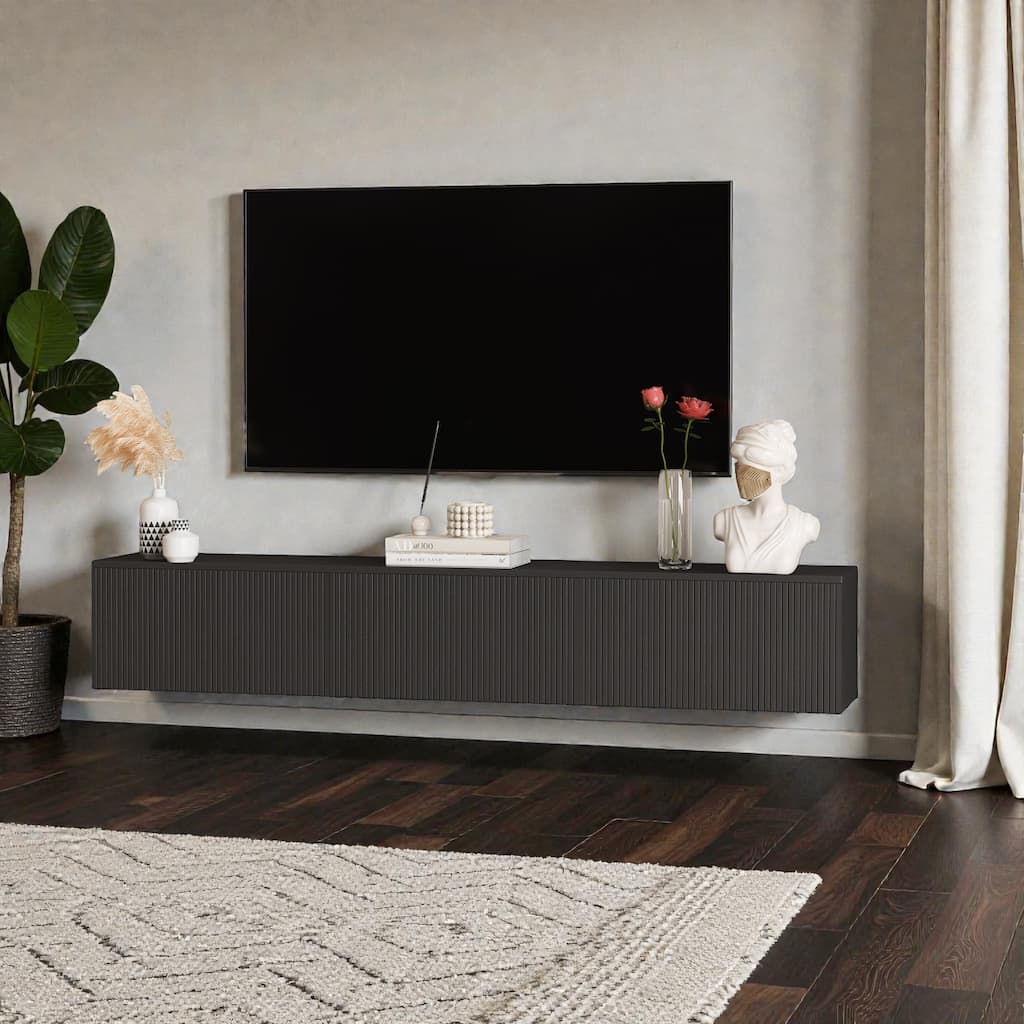 69" Wall Mounted Floating TV Console with LED Lighting, Modern Media Cabinet for 55 60 65 Inch TVs, Large Storage Shelf