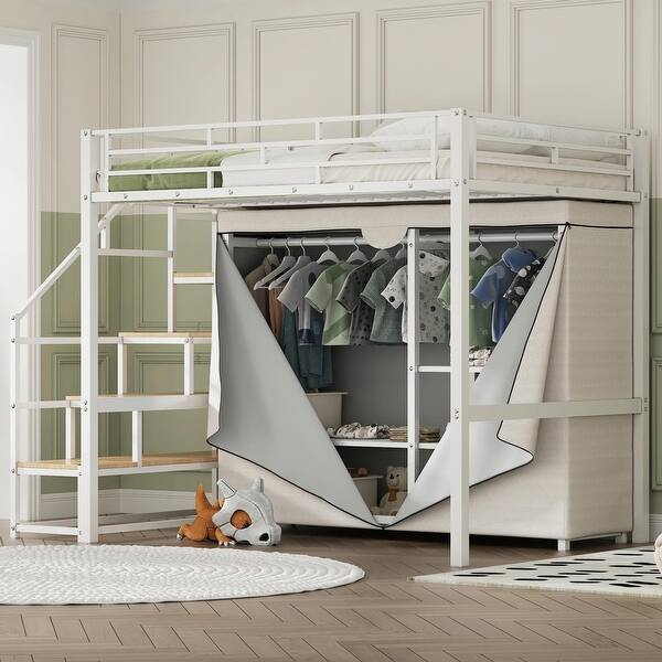 slide 2 of 38, Metal Loft Bed with Wardrobe and Storage Shelves Full
