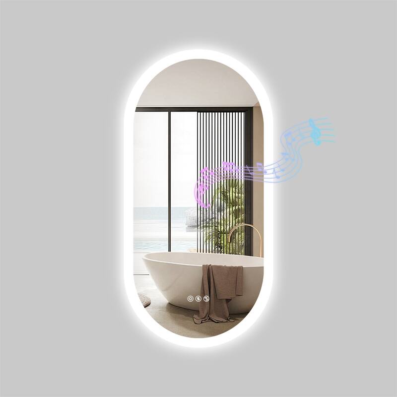 Oblong Bluetooth Led Lighted Bathroom Makeup Mirror Tempered Glass Backlit Vanity Mirror