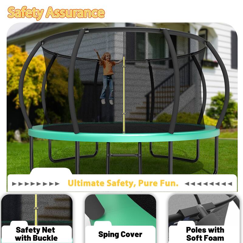 12FT Recreational Kids Trampoline with Safety Enclosure Net & Ladder, Outdoor Recreational Trampolines