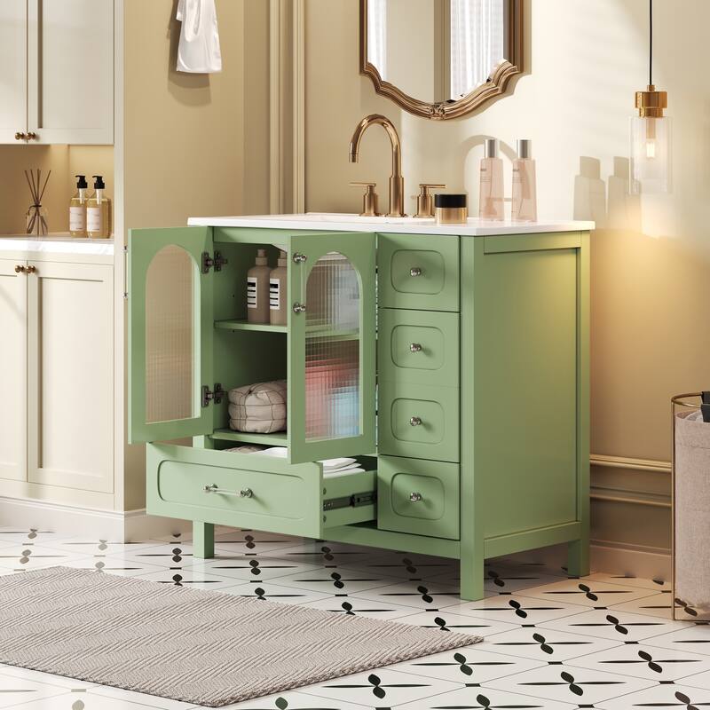 36" Bathroom Cabinet with Waffle Texture Doors, Bathroom Vanity with Four Drawers and Two Soft-Closing Doors