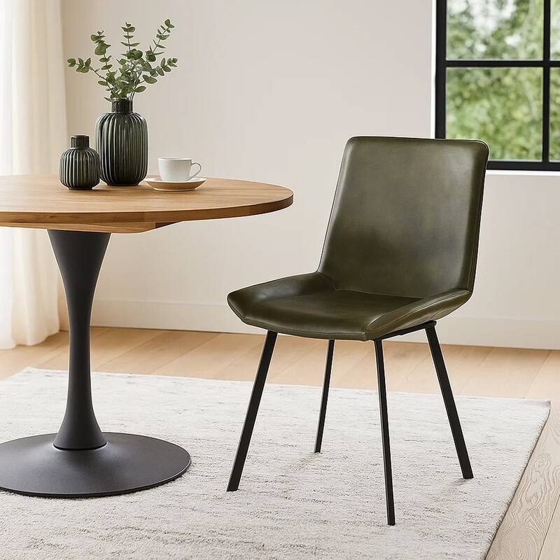 Isha Dining Chair Set of 2 with Rich Green Goat Leather, Black Iron