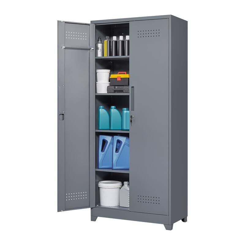 Metal Cleaning Tool Cabinets With Locking Doors, High Broom Tool Storage Cabinets, Adjustable Shelves