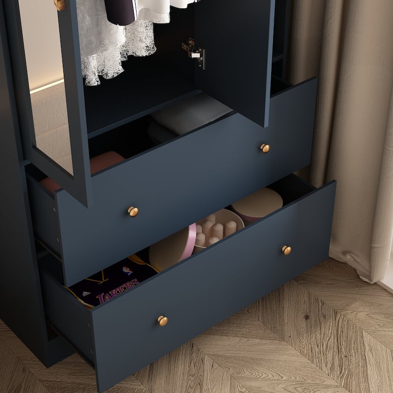 Wardrobe Closet Armoire wi/Mirror & Scalable Hanging Rod Space Saving