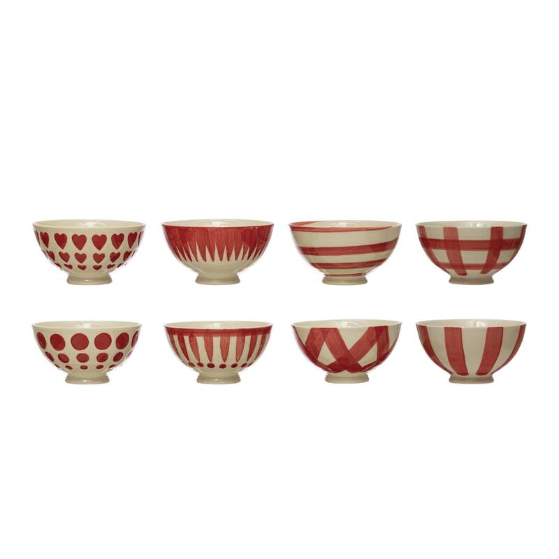 Hand-Painted Stoneware Latte Bowl - 8 Piece - Red
