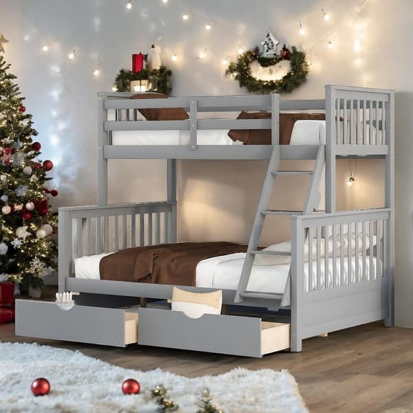 slide 2 of 20, Twin-Over-Full Bunk Bed with Ladders and Drawers, Grey Grey