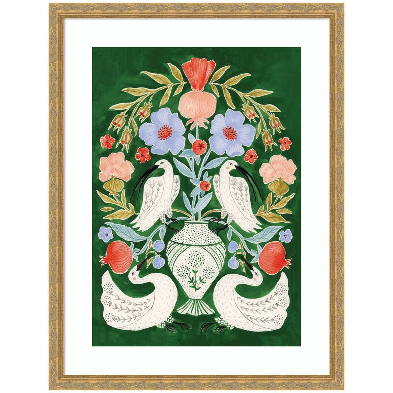 Kate and Laurel Floral Folklore Ibises and Swan by Jill Labieniec Framed Wall Art Print - 20 x 26 - Gold