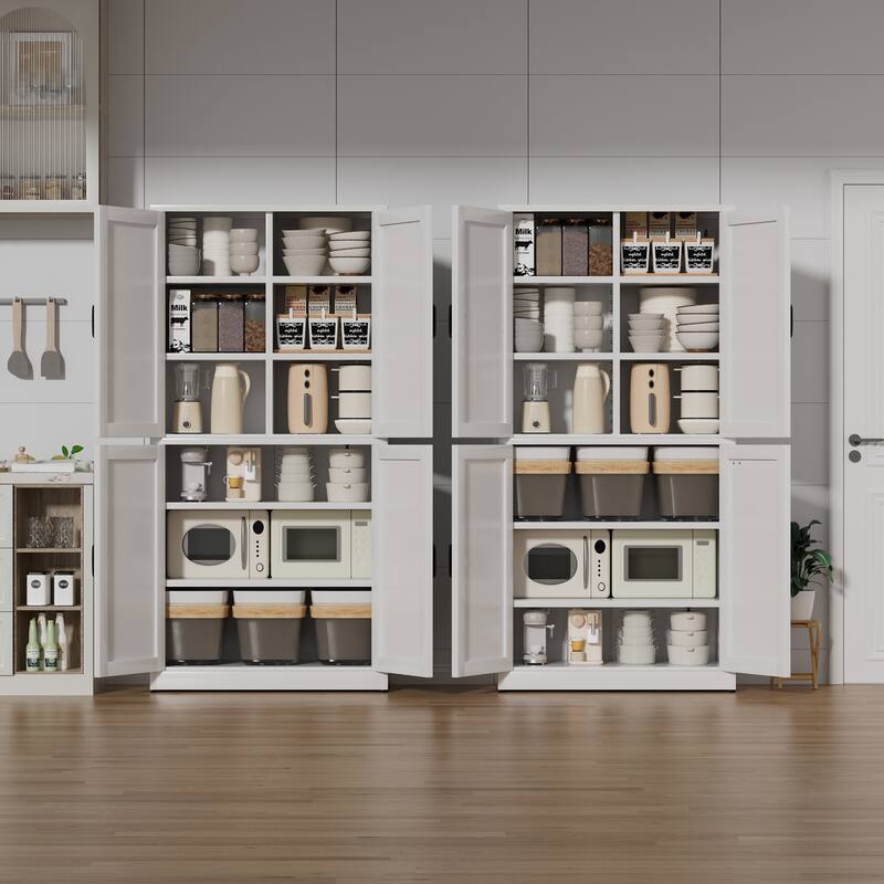 White Steel Kitchen Pantry Storage Cabinet with Adjustable shelves, heavy-duty country cabinet for kitchens, bathrooms