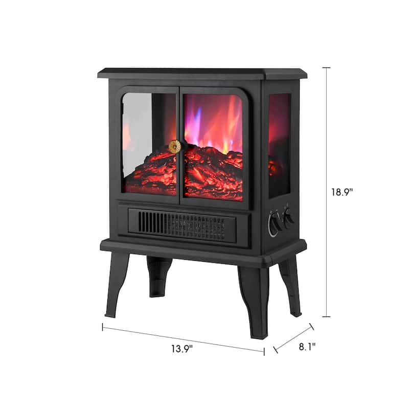 1500W Freestanding Electric Stove Fireplace Heater with Realistic Flame and Overheat protection - 14" L x 8.11" W x 18.9" H