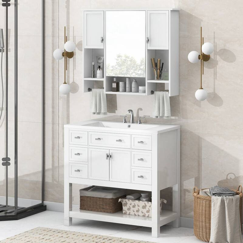 36"Freestanding Bathroom Vanity with Ceramic Sink and Mirror Cabinet