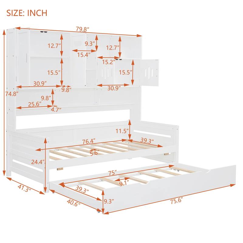 Full Size Wood Daybed with Built-in Storage Cabinet, Open Shelves & Twin Trundle Bed, Space-Saving Multi-Functional Frame