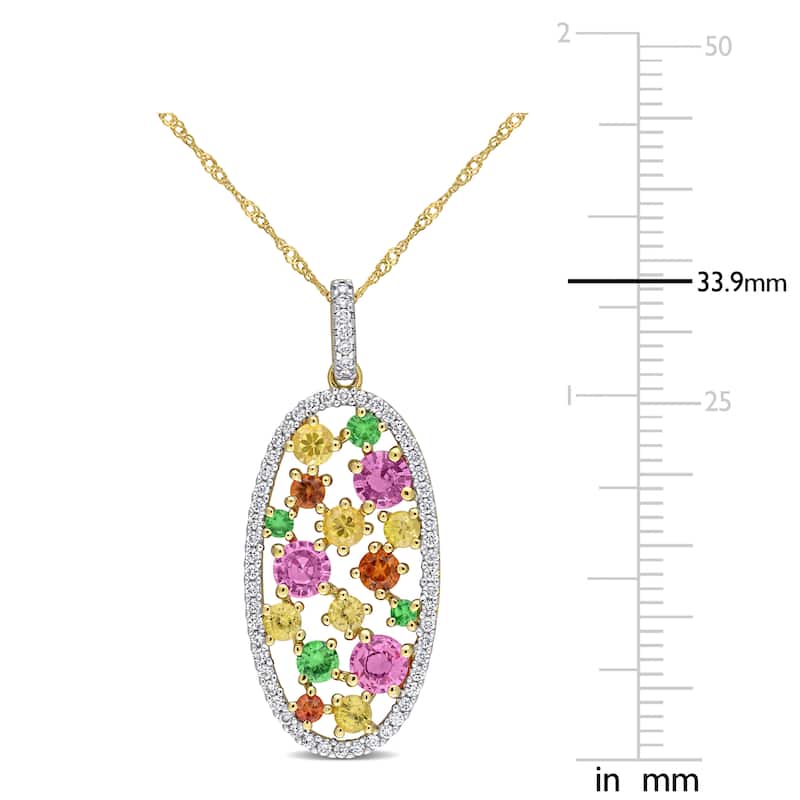 Miadora Sapphire and Tsavorite with 1/3ct TDW Diamond Oval Cluster Drop Necklace in 14k Yellow Gold