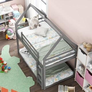 House Bed Design Twin over Twin Low Bunk Bed, House Bed with Ladder