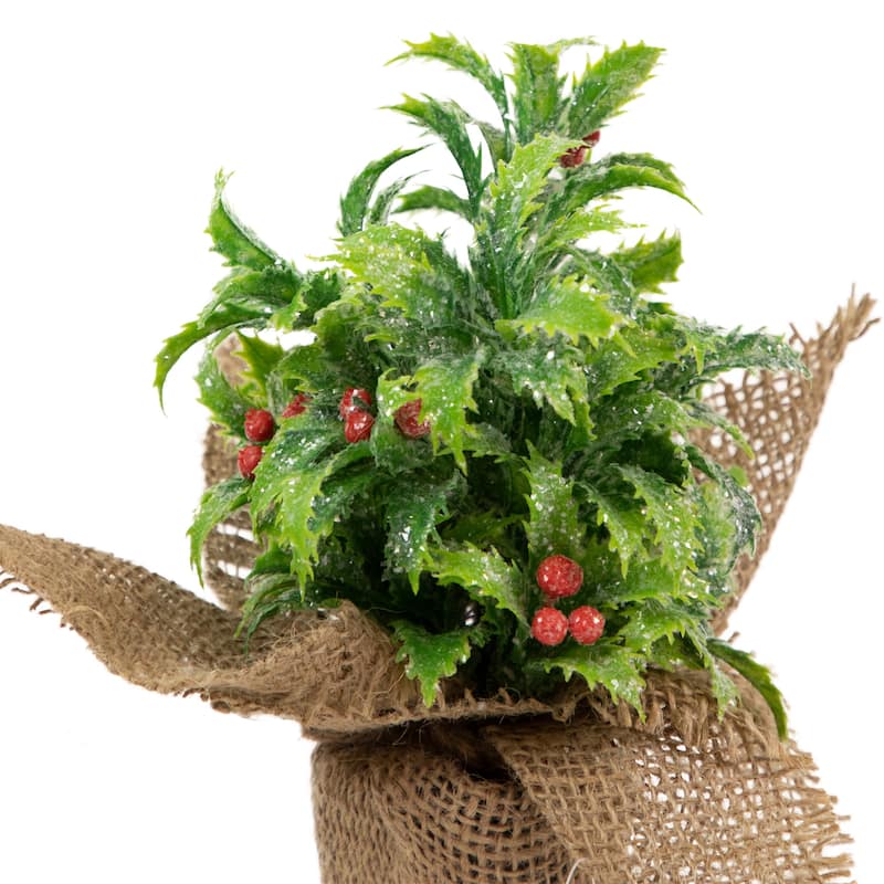 Iced Artificial Christmas Holly Berry Plant in Burlap Base - 8"