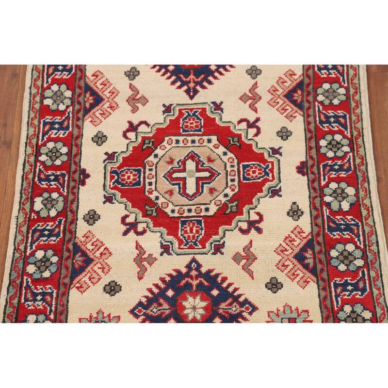 Beige Geometric Kazak Foyer Rug Hand-Knotted Wool Carpet - 2'9" x 4'1"