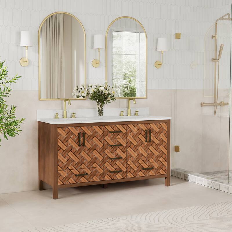 60" Freestanding Bathroom Vanity with Engineered Stone Top, Ceramic Double-Sink, Built-In Power Outlet, and Hair Dryer Storage