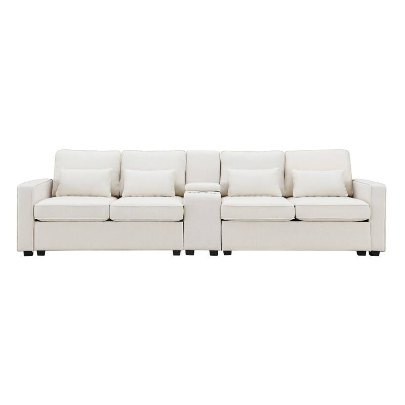 114.2" Upholstered with console, 2 cup holders and USB port (wired or wireless charging) with 4 pillows